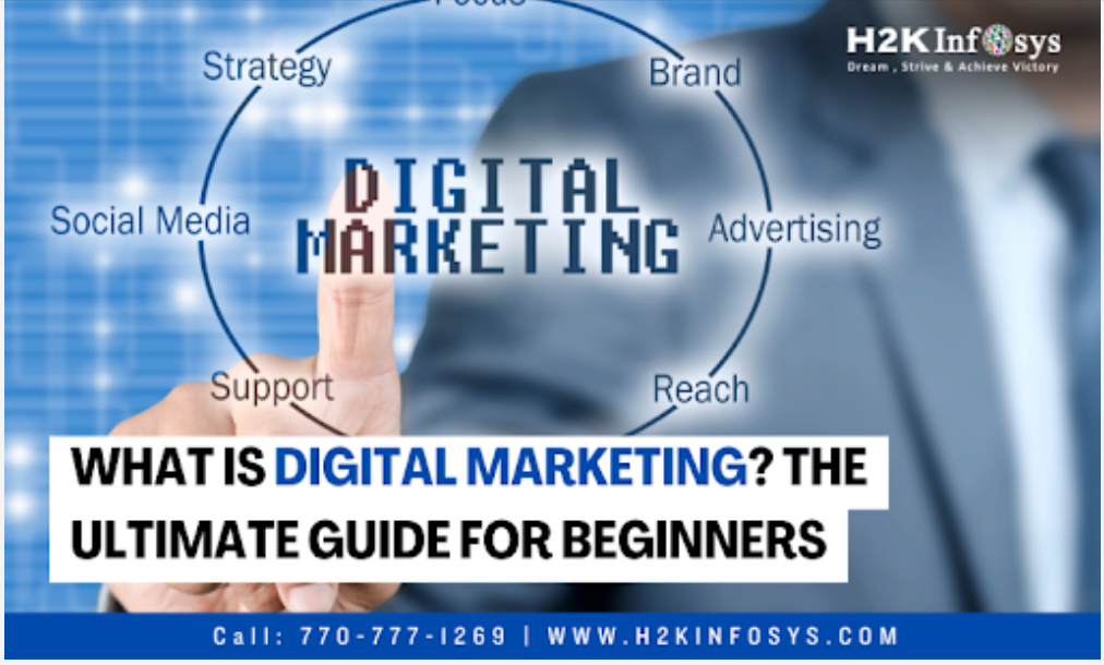Digital marketing ultimate guide for beginners showing strategy brand advertising and reach concepts