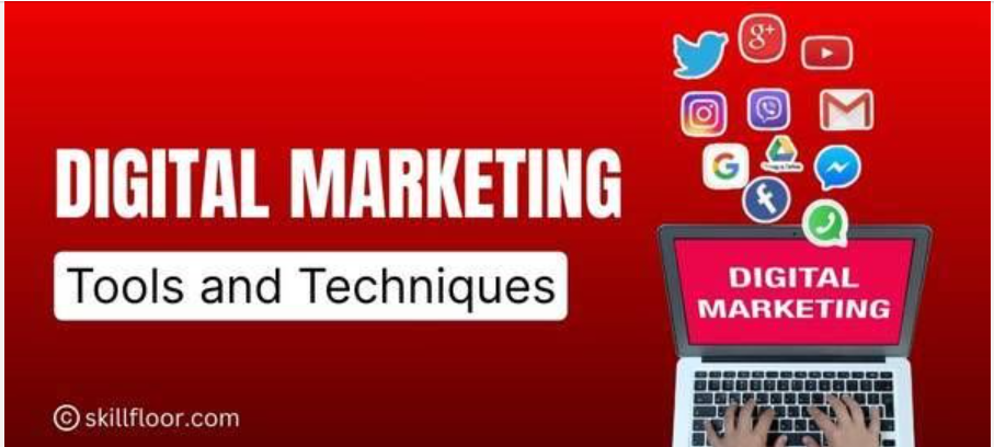 Digital marketing tools and techniques collage showing strategies for beginners