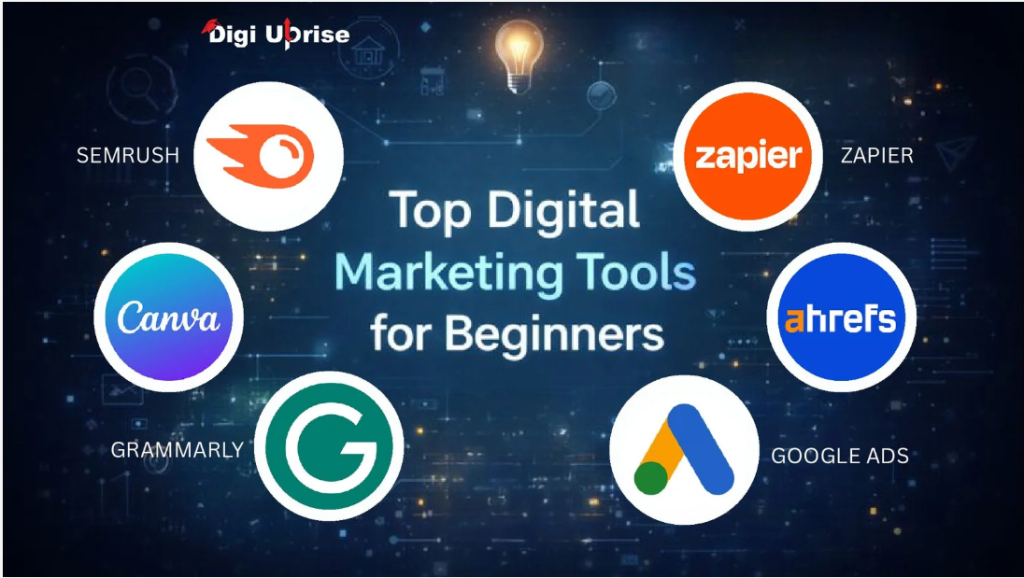 Top digital marketing tools for beginners including Google Analytics Grammarly Zapier and Google Ads