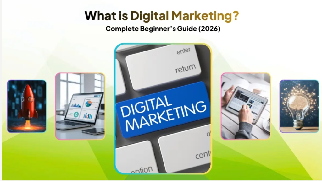 What is digital marketing complete beginners guide 2026 shown on phone and tablet screen
