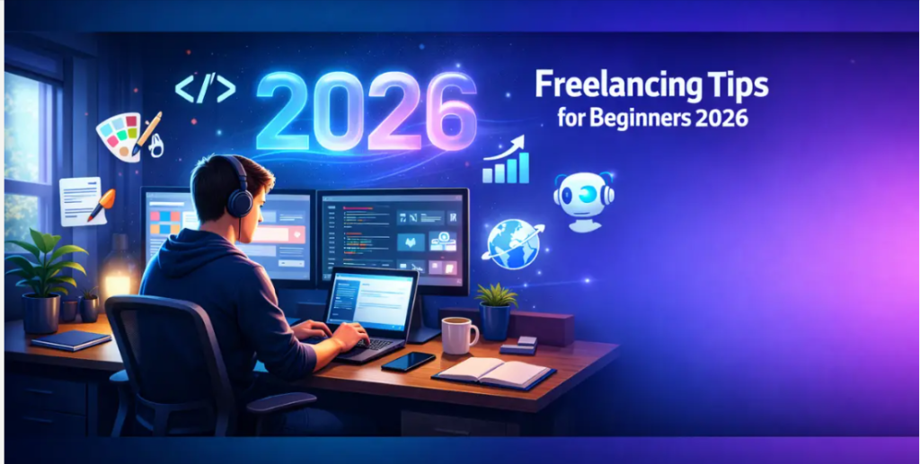 Futuristic graphic showing 2026 freelancing tips for beginners with digital workspace