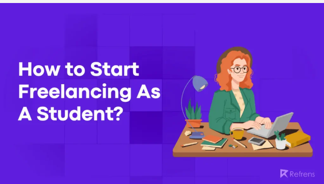 Illustrated graphic showing how to start freelancing as a student with a girl working on a laptop