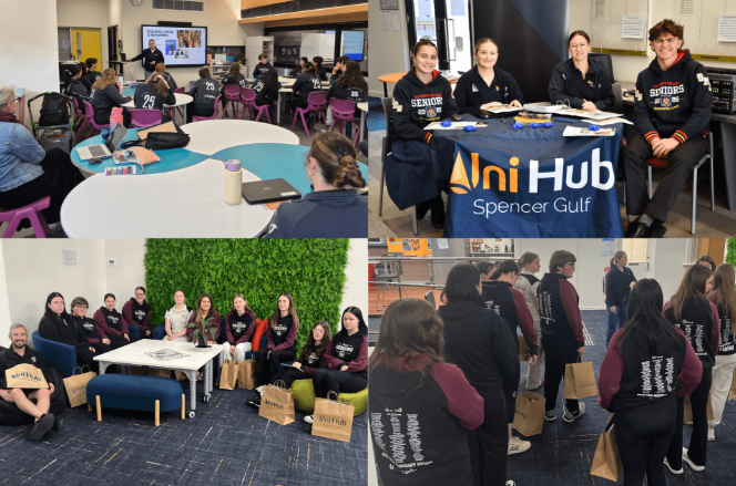 A collage of students and participants at a Uni Hub community event or educational gathering