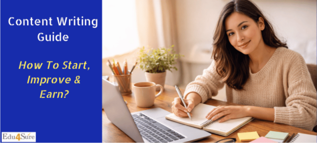 Woman working on laptop representing content writing guide on how to get started and improve skills