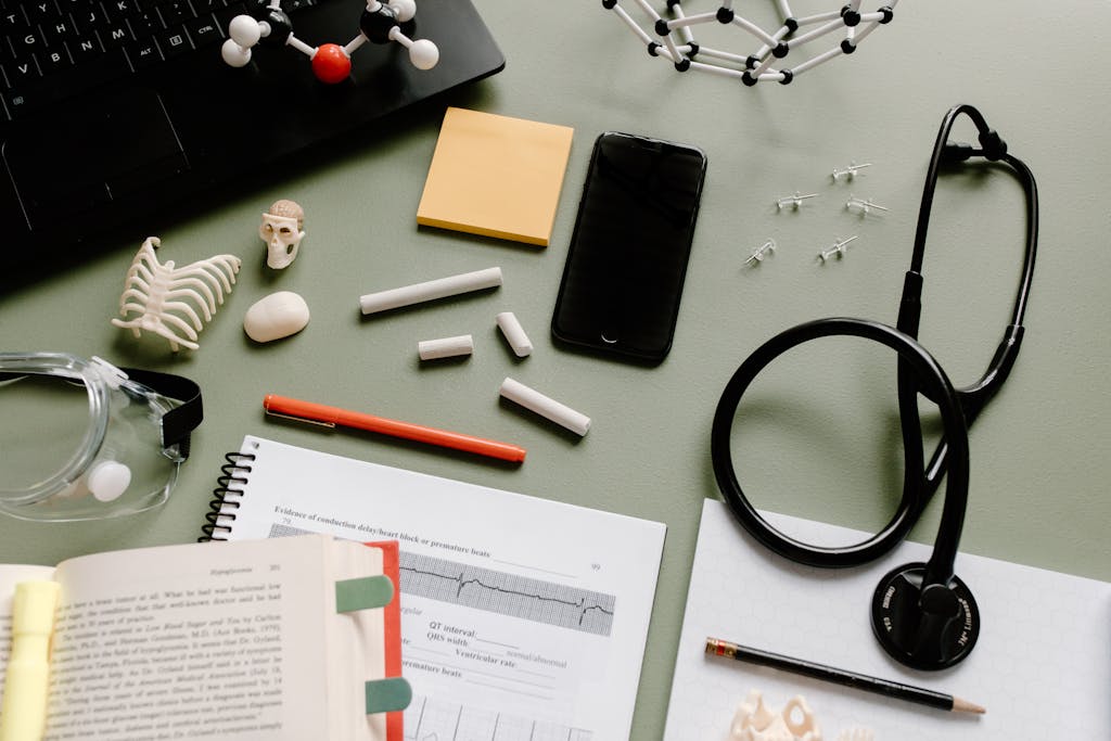 MDCAT Pakistan study desk with stethoscope books and medical tools for MBBS preparation