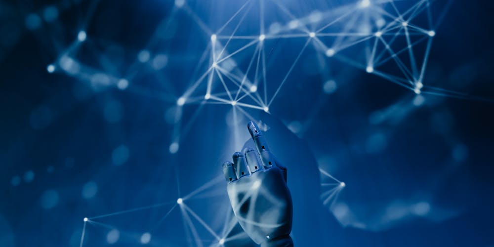 Blue digital neural network connections representing artificial intelligence technology and machine learning