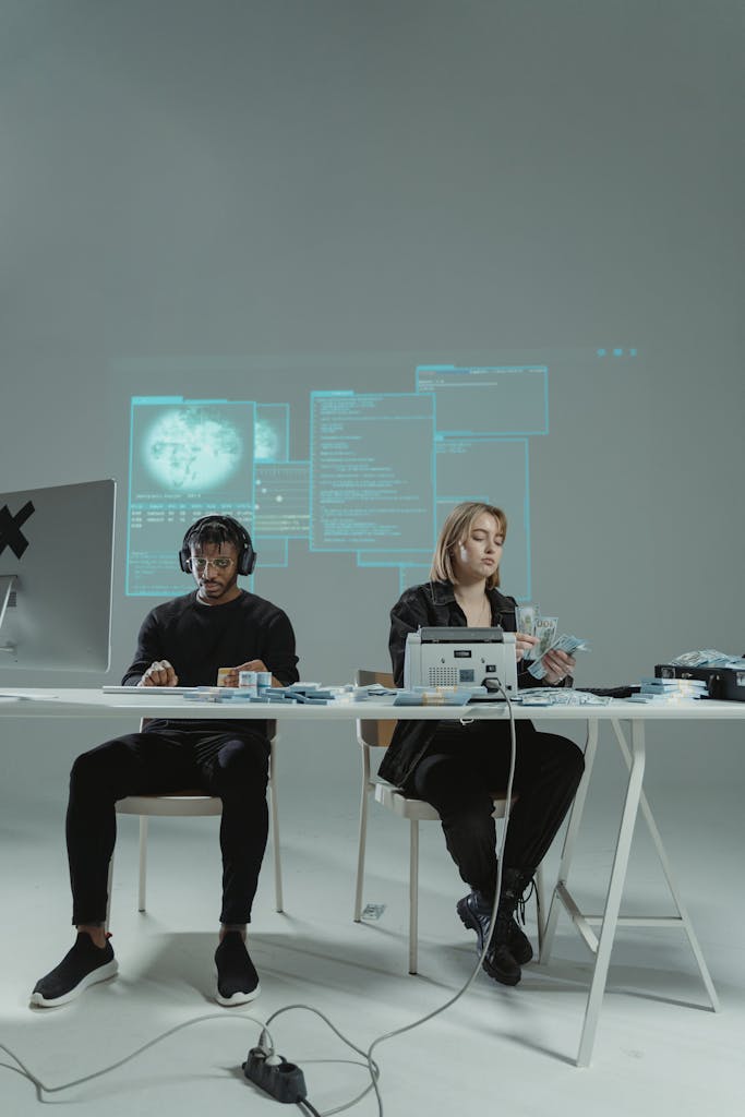 Minimalist web design and development workspace with dual monitors, keyboard, mouse and notebook for productivity